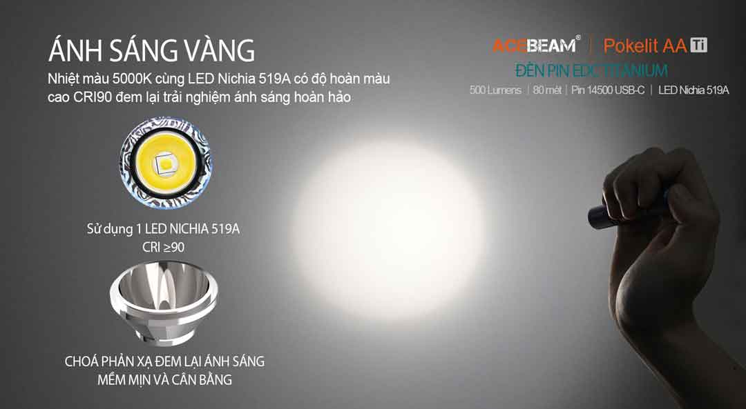 Đèn pin mini ACEBEAM POKELIT AA Titanium sáng 500 lumen chiếu xa 80m