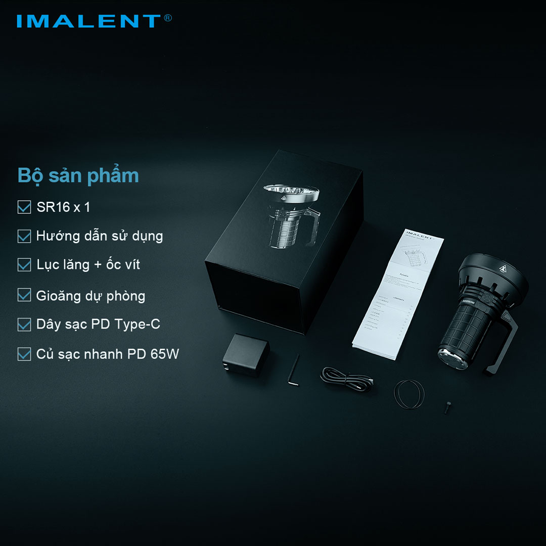 Đèn pin siêu sáng IMALENT SR16 sáng 55.000 lumen chiếu xa 1715m pack 4 pin 21700 tổng 16.000mAh sạc DC