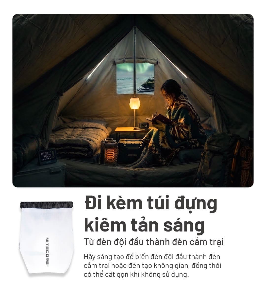 Đi kèm túi đựng kiêm tán sáng, biến đèn đội đầu thành đèn cắm trại hoặc đèn tạo không gian ấm áp trong lều.