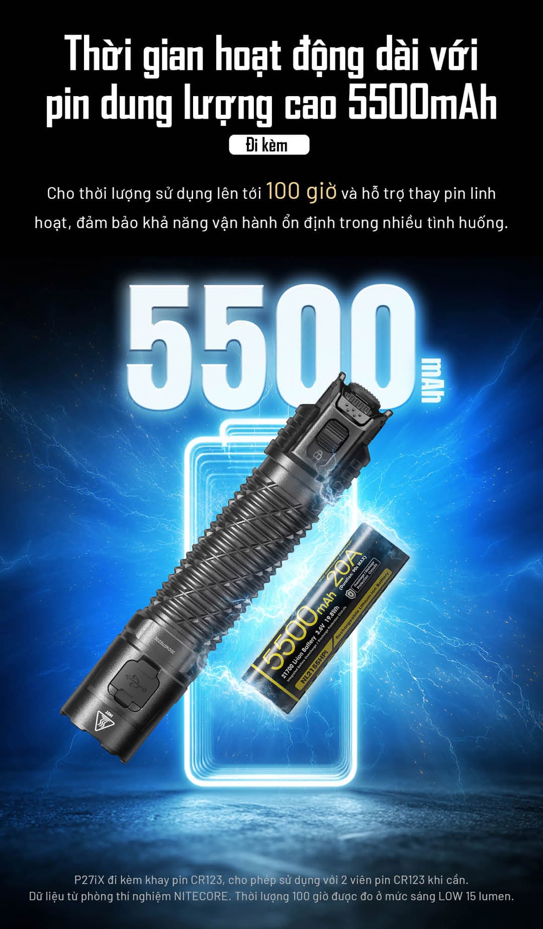 viên pin 21700 dung lượng 5500mAh đi kèm của P17iX, cho thời gian sử dụng tối đa 100 giờ ở mức Low 15 lumen và có thể thay thế bằng khay 2 pin CR123 khi cần.