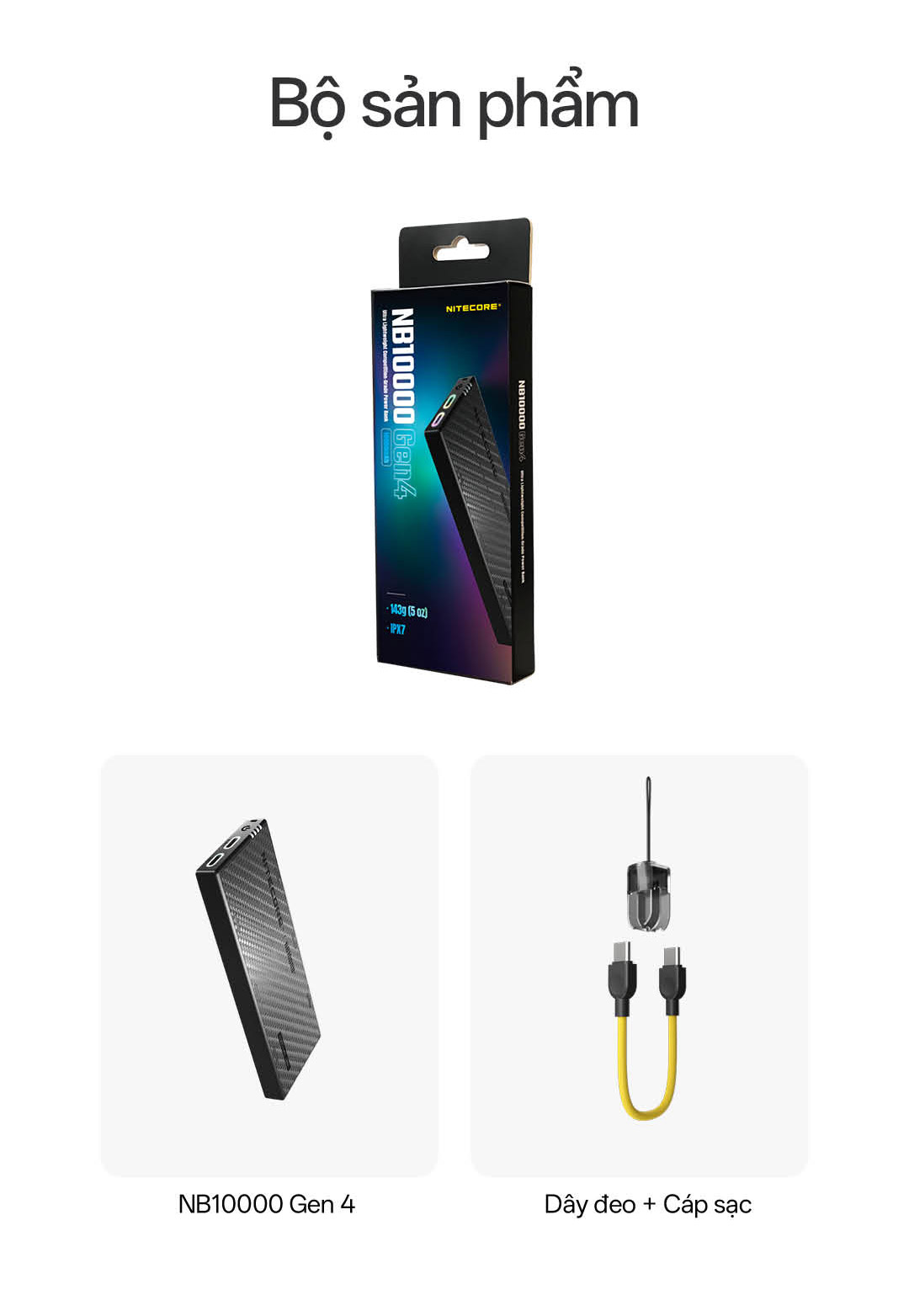 Sạc dự phòng NITECORE NB10000 Gen 4 10000 mAh sợi carbon siêu nhẹ chống nước, đèn sạc RGB