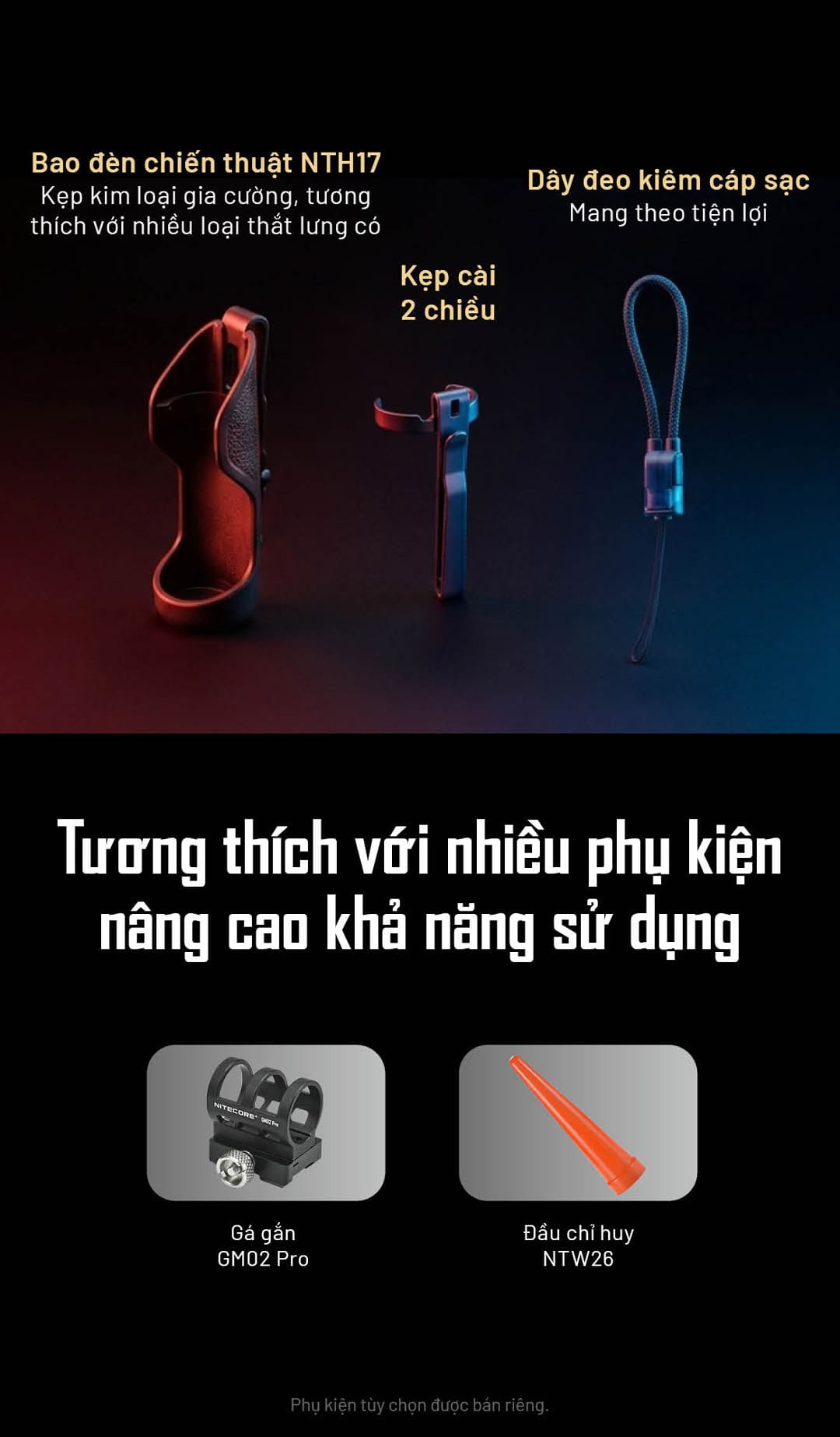 các phụ kiện cho P17iX gồm bao đèn chiến thuật NTH17, kẹp cài 2 chiều, dây đeo kiêm cáp sạc, cùng phụ kiện tùy chọn như gá gắn GM02 Pro và đầu chỉ huy NTW26.