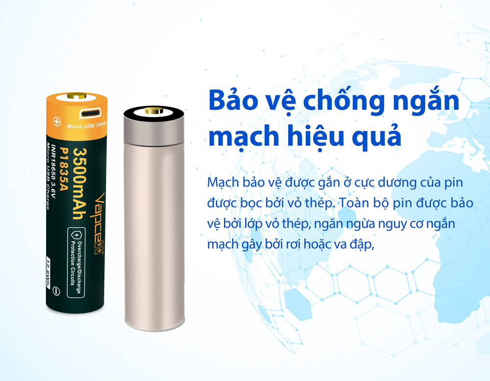 Pin sạc VAPCELL P1835A dung lượng 3500mAh dòng xả 10A có bảo vệ sạc USB