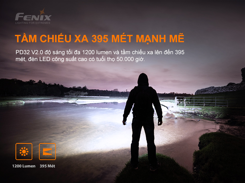 Đèn pin FENIX PD32 V2.0 độ sáng 1200 lumens chiếu xa 395m pin 18650