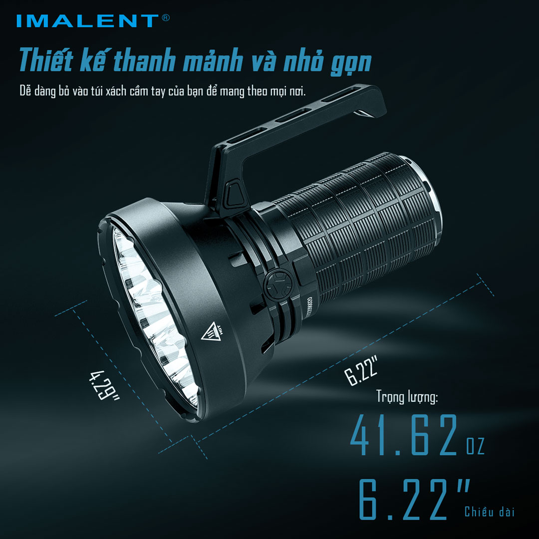 Đèn pin siêu sáng IMALENT SR16 sáng 55.000 lumen chiếu xa 1715m pack 4 pin 21700 tổng 16.000mAh sạc DC