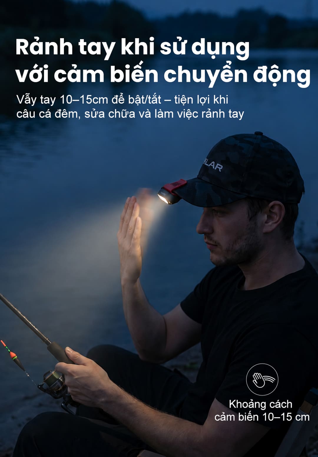 Đèn pin cài mũ KLARUS HC3 PRO hỗ trợ bật/tắt bằng vẫy tay trong khoảng cách 10–15cm.
