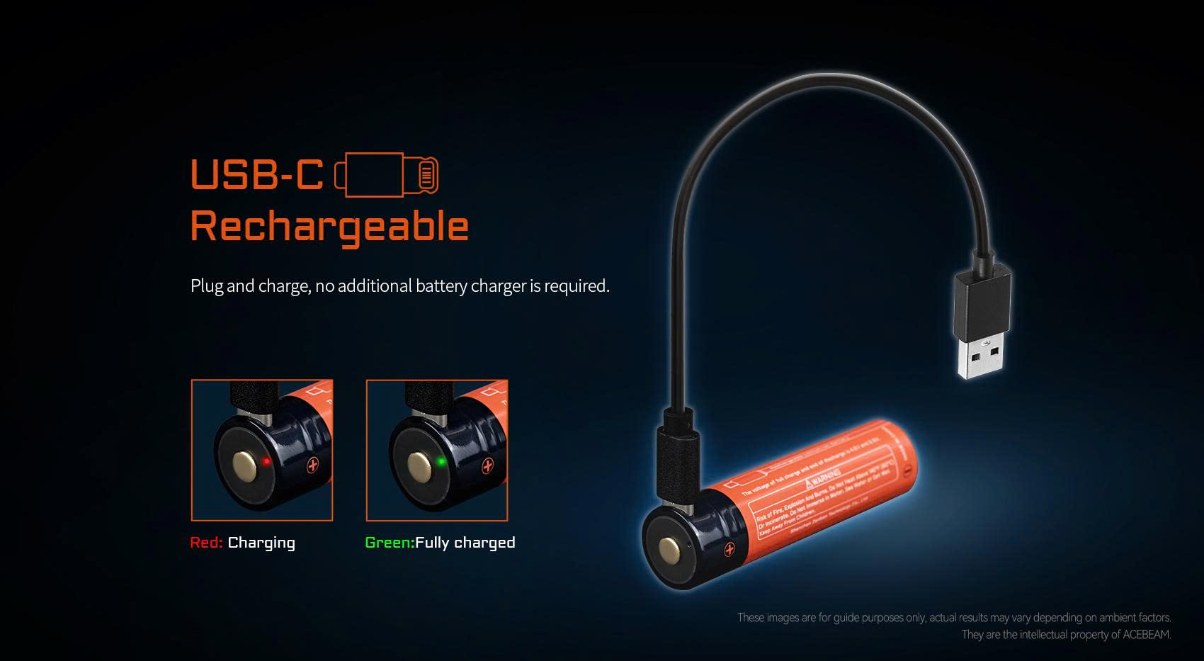 Pin sạc ACEBEAM 18650 USB-C 3300mAh 10A – Sạc trực tiếp, an toàn, bền bỉ