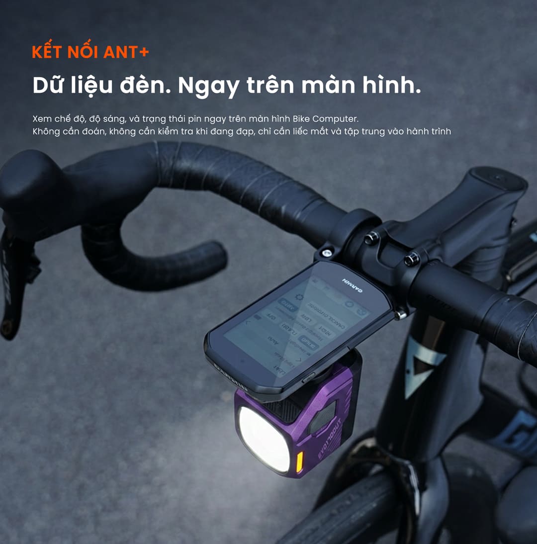 Hiển thị chế độ sáng và mức pin trực tiếp trên Bike Computer tương thích ANT+.