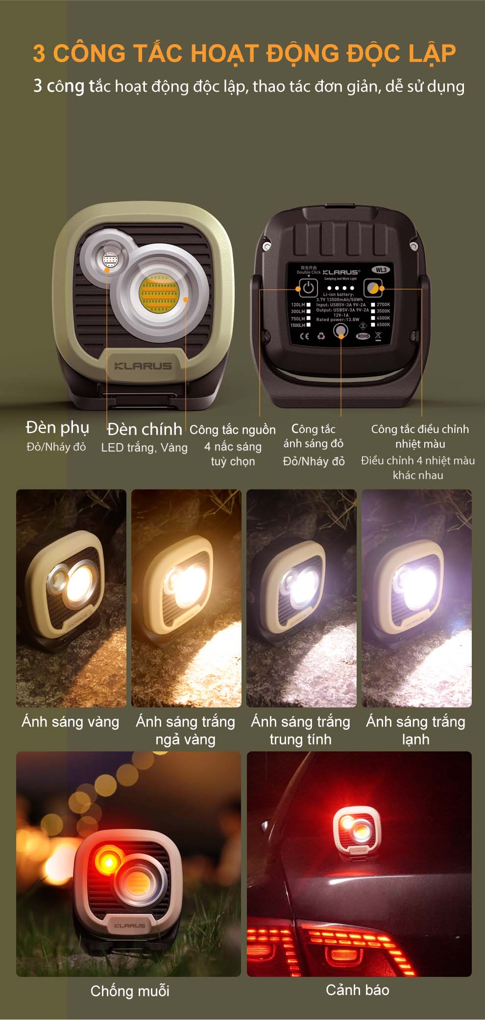 Đèn pin cắm trại KLARUS WL3 sáng 1500 lumen pin liền thân 13.500mAh sạc USB-C chức năng powerbank