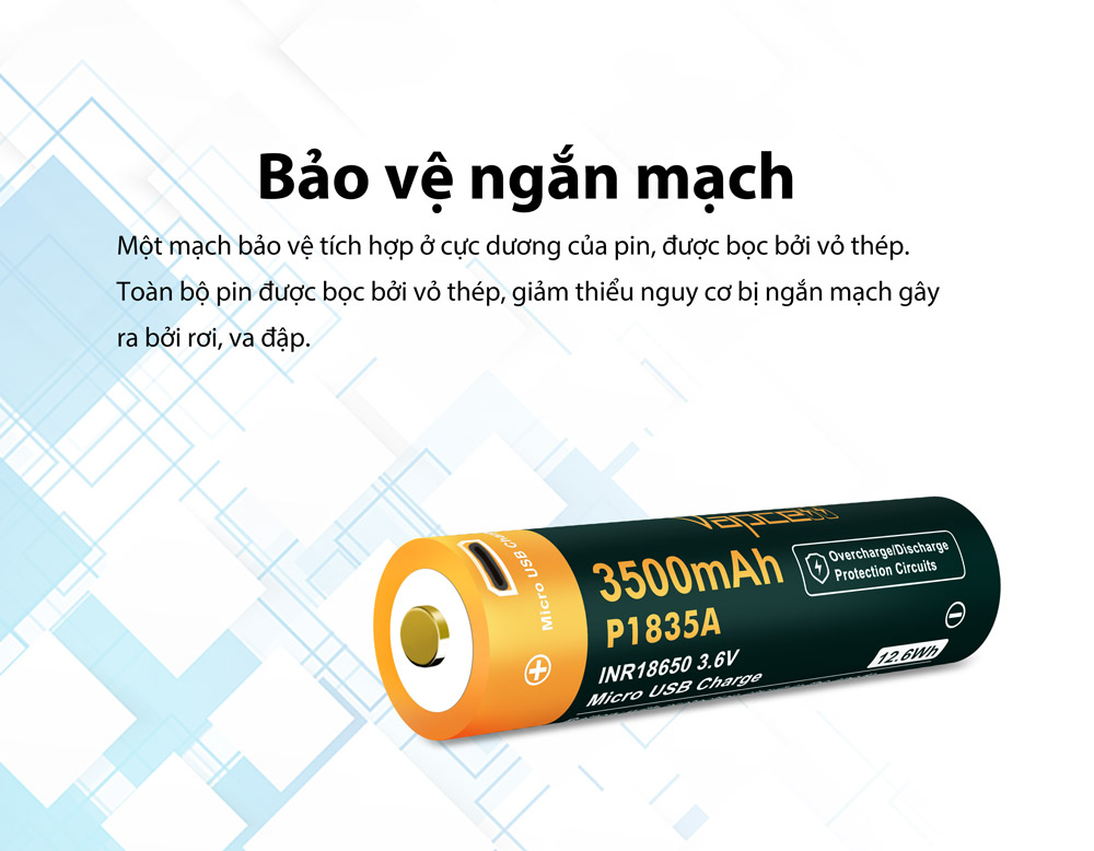 Pin sạc VAPCELL P1835A dung lượng 3500mAh dòng xả 10A có bảo vệ sạc USB