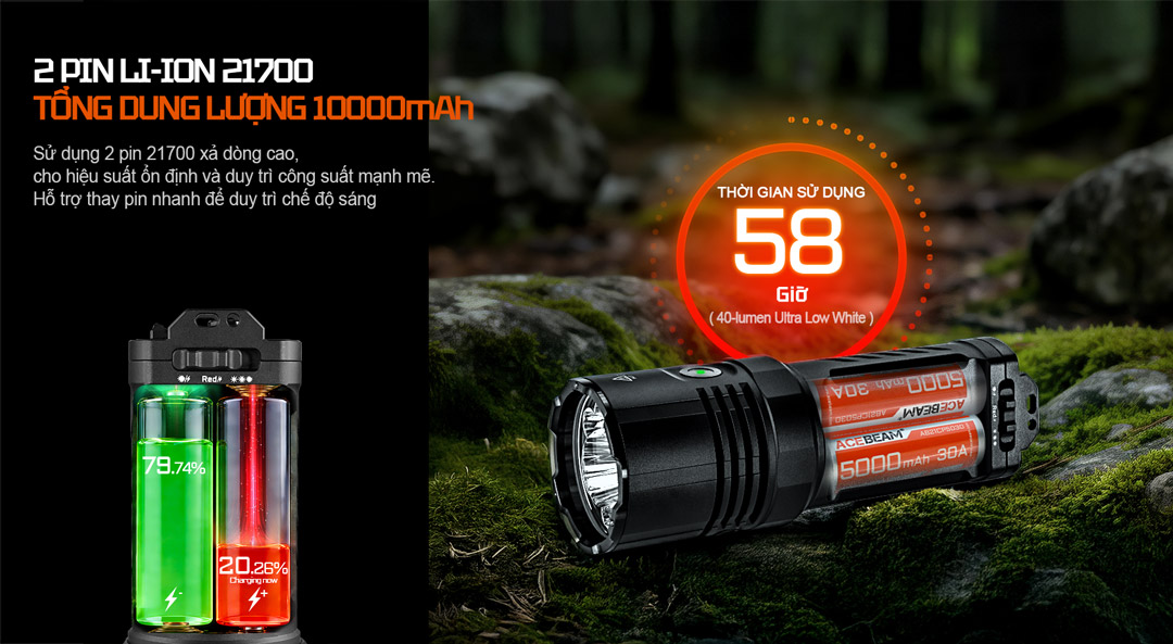 ACEBEAM X30 2 pin 21700 10000mAh runtime 58 giờ