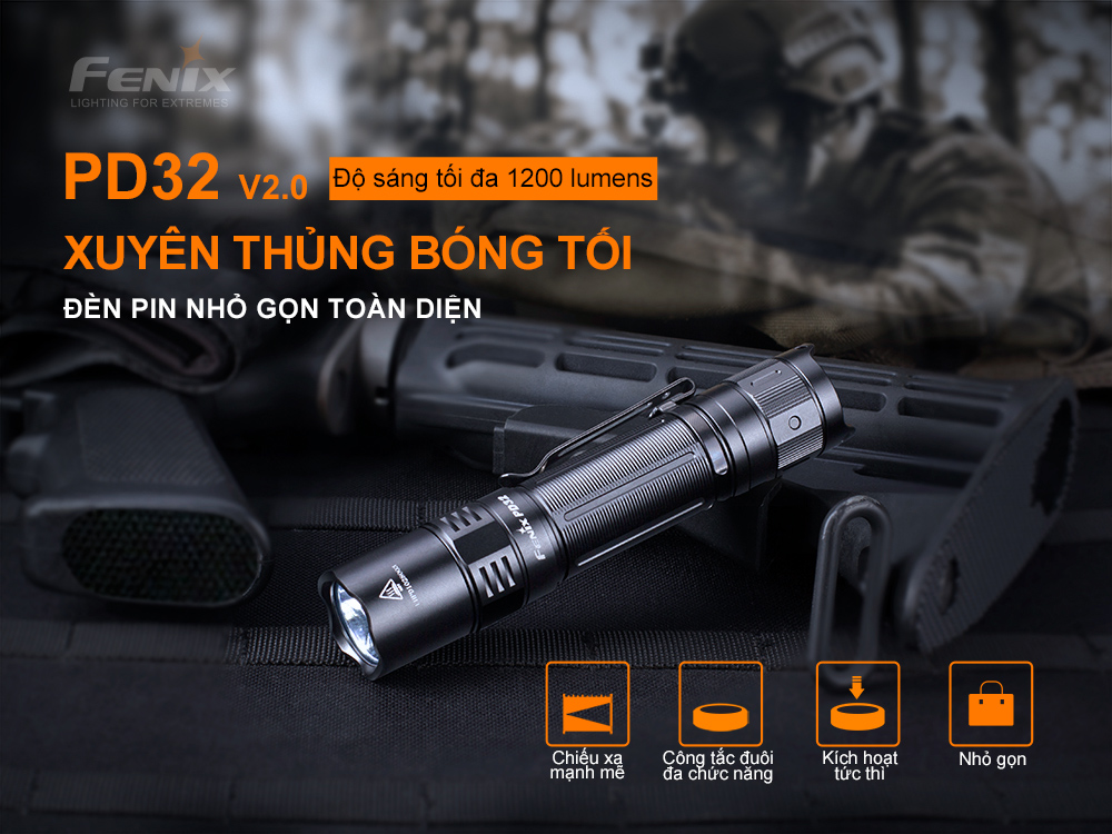 Đèn pin FENIX PD32 V2.0 độ sáng 1200 lumens chiếu xa 395m pin 18650
