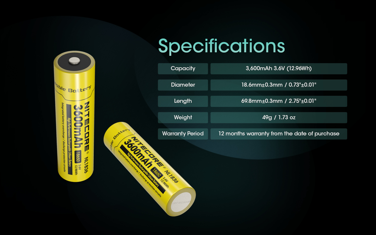 Pin sạc 18650 Nitecore NL1836 – 3600mAh, Tích hợp mạch bảo vệ,