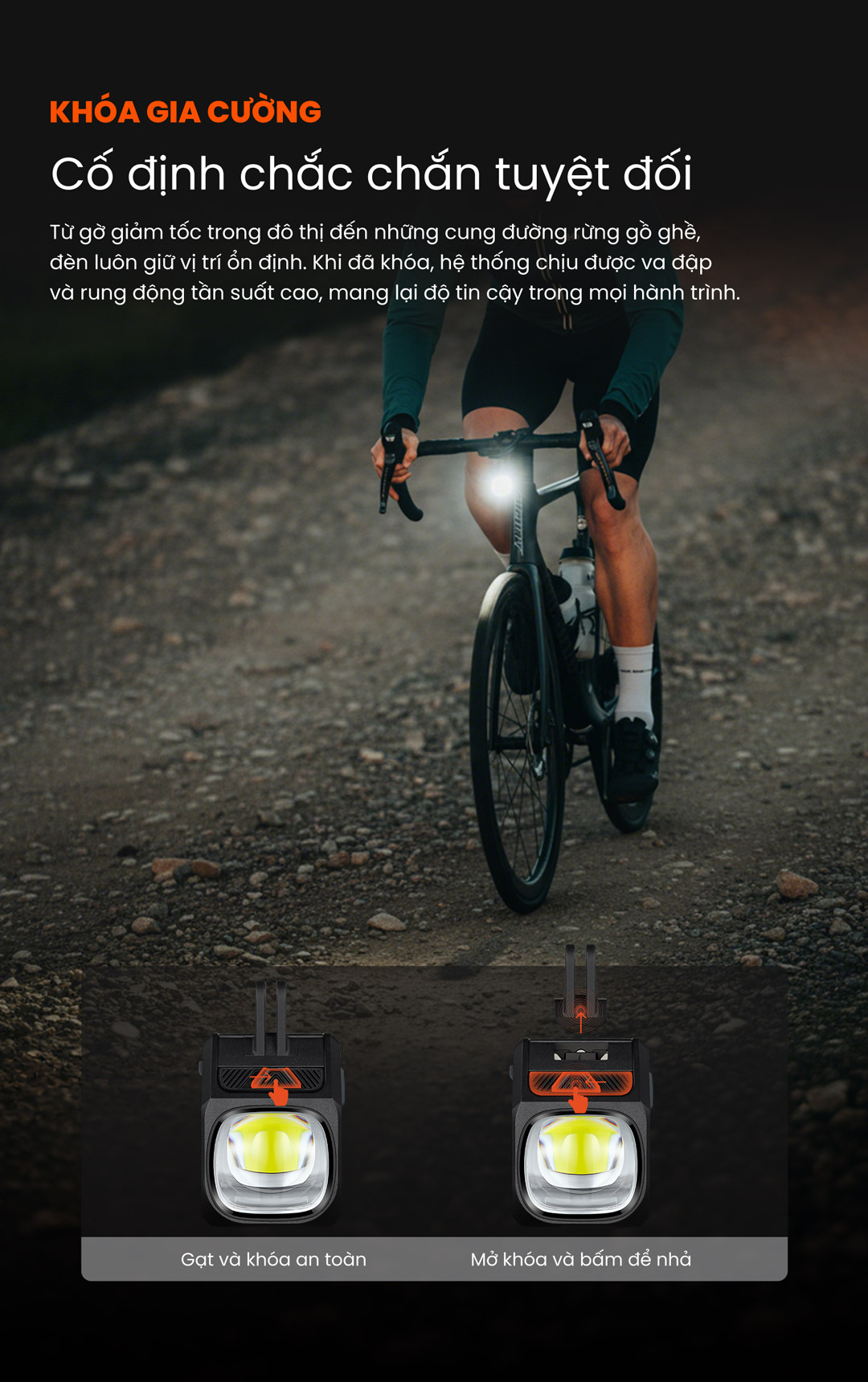 Khóa pat gia cường, giúp cho đèn chịu rung lắc, không rơi được