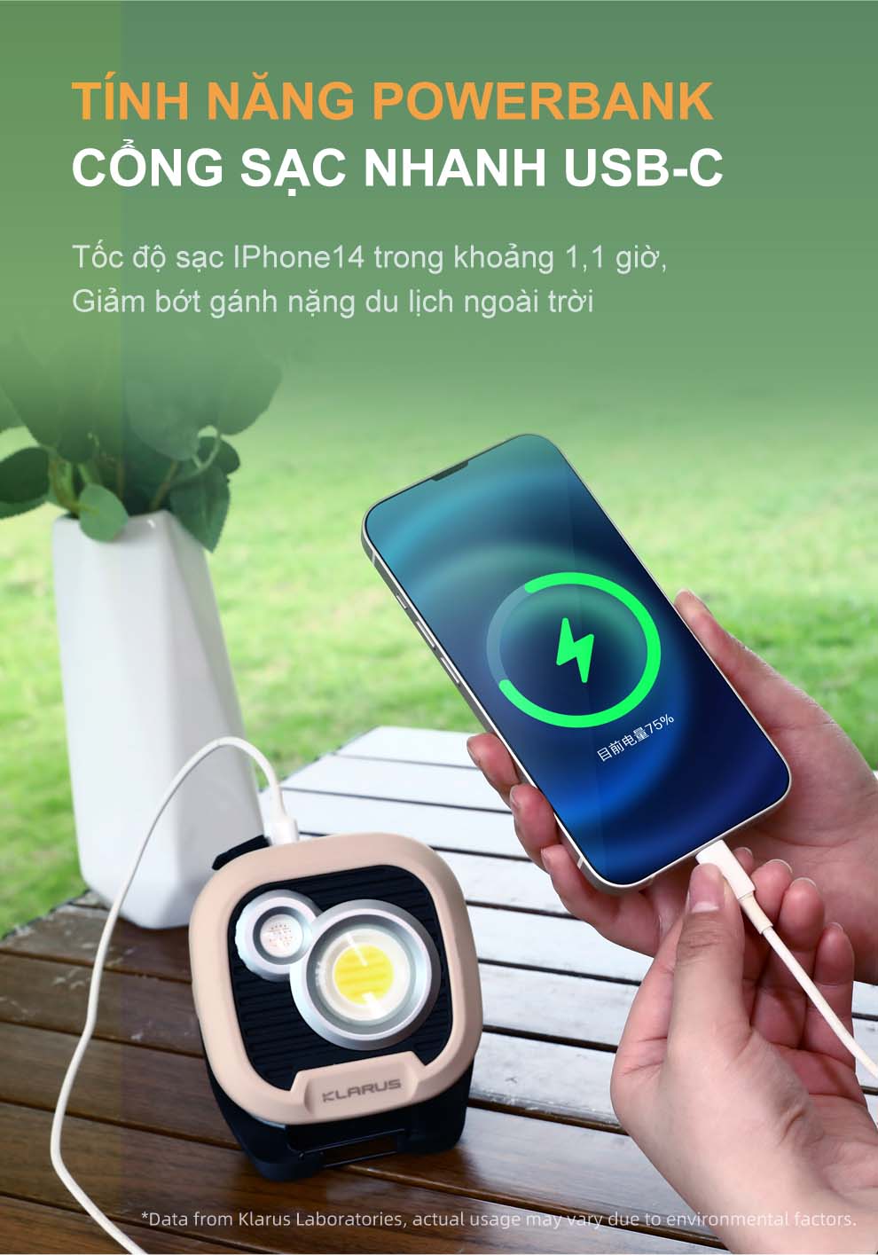 Đèn pin cắm trại KLARUS WL3 sáng 1500 lumen pin liền thân 13.500mAh sạc USB-C chức năng powerbank