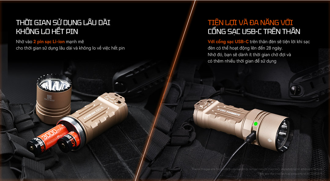 Thời gian sử dụng lâu dài có thể sử dụng đèn lên tới 28 ngày, với cổng sạc  USB-C trên thân dễ dàng sạc đèn bất cứ lúc nào