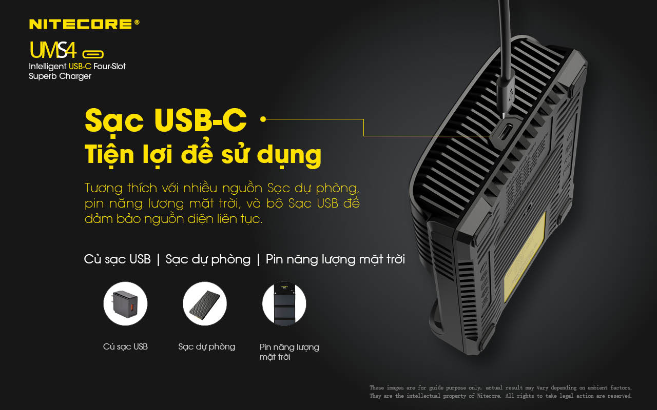 Sạc pin 4 slot thông minh NITECORE UMS4 đầu vào USB-C