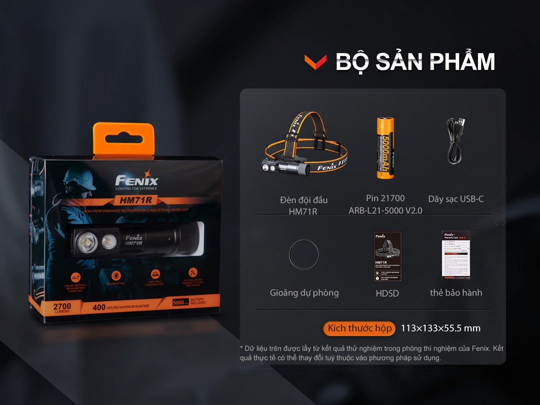 Đèn pin đội đầu FENIX HM71R sáng 2700 lumen chiếu xa 230m pin 21700 5000mah sạc USB-C