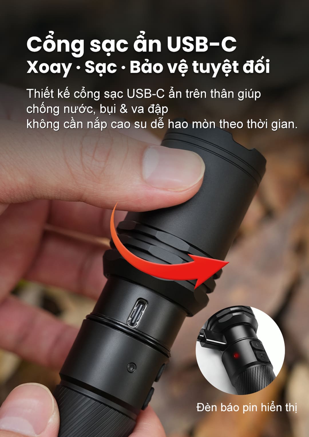 Thiết kế cổng sạc USB-C xoay ẩn trên thân giúp tăng khả năng chống nước, chống bụi và bảo vệ cổng sạc hiệu quả.