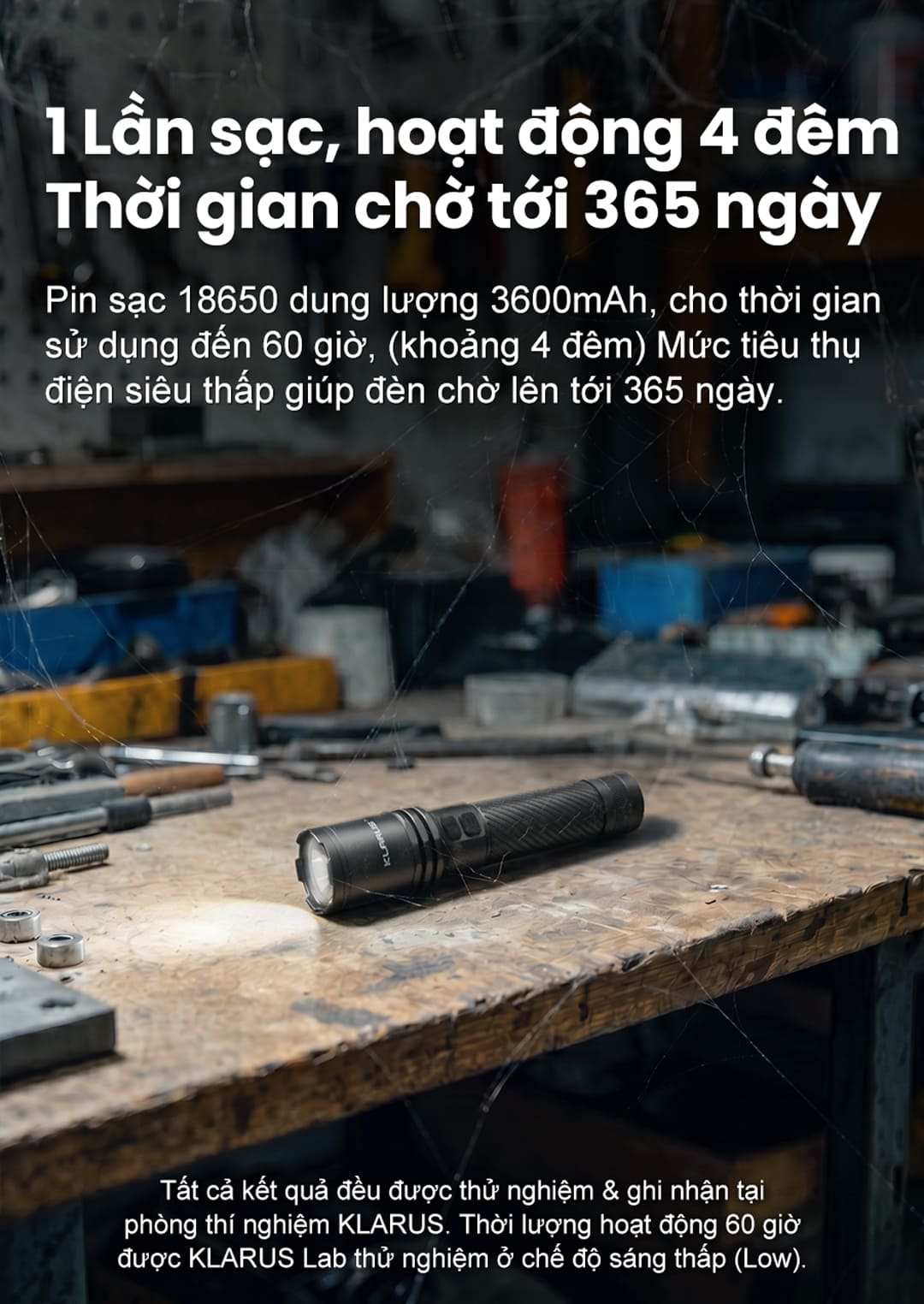 Pin Li-ion 18650 dung lượng 3600mAh cho thời gian hoạt động đến 60 giờ và thời gian chờ lên tới 365 ngày.