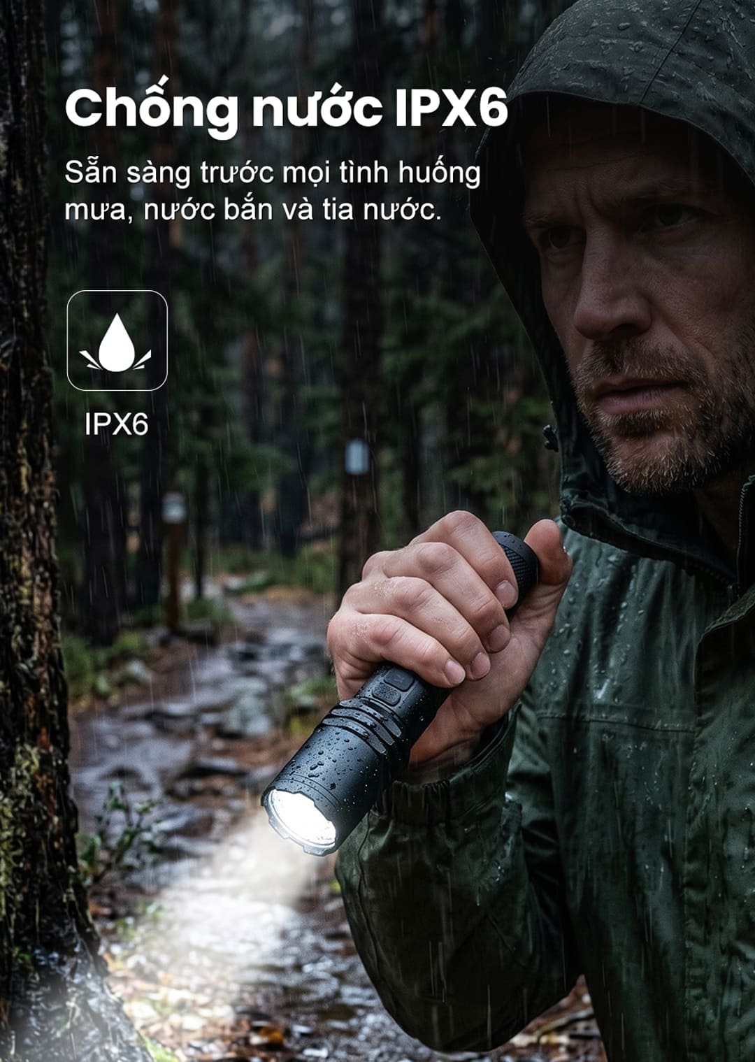 Chuẩn chống nước IPX6 giúp đèn hoạt động ổn định trong điều kiện mưa lớn và môi trường ngoài trời khắc nghiệt.