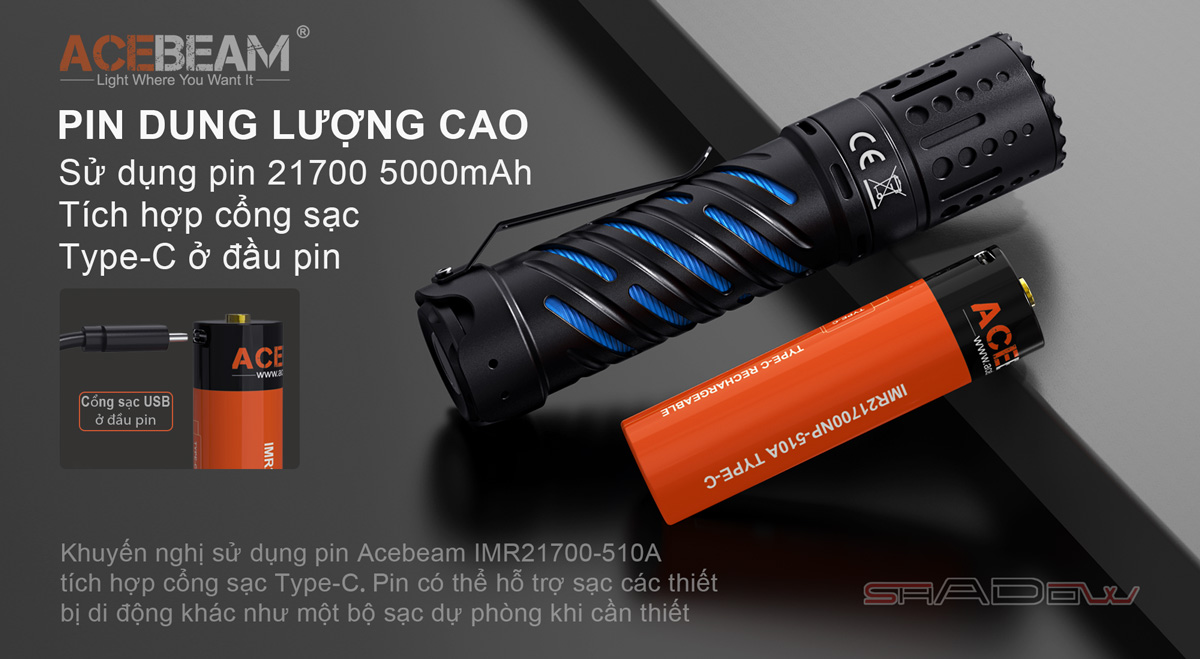 Đèn pin ACEBEAM E70 độ sáng 4600 lumen pin 21700