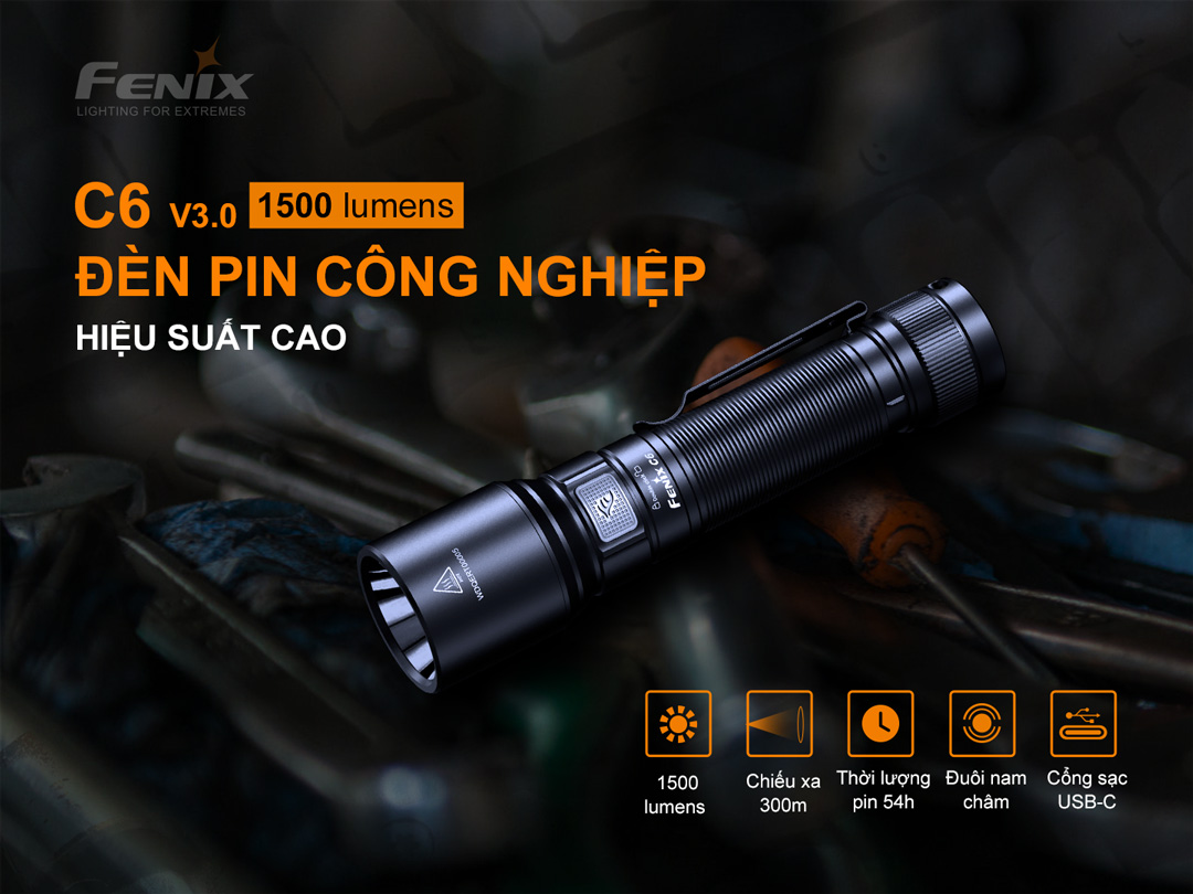 Đèn pin FENIX C6 V3 sáng 1500 lumen chiếu xa 300m sạc USB-C đuôi nam châm