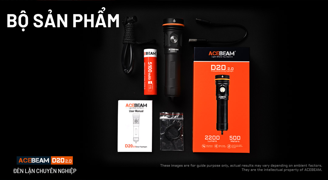 Đèn lặn ACEBEAM D20 2.0 sáng 2200lm xa 500m pin 21700 5000 mAh chịu ngập sâu 200m