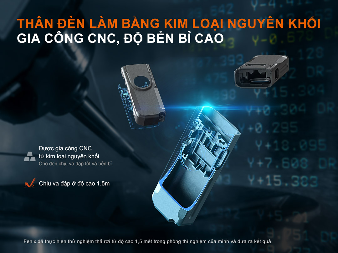 Đèn được làm bằng kim loại CNC chịu va đập ở độ cao 1m
