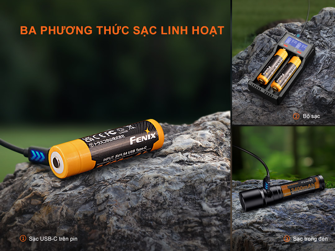 Pin sạc Li-ion 18650 Fenix ARB-L18-3400U V3.0 dung lượng 3400mAh, sạc USB-C