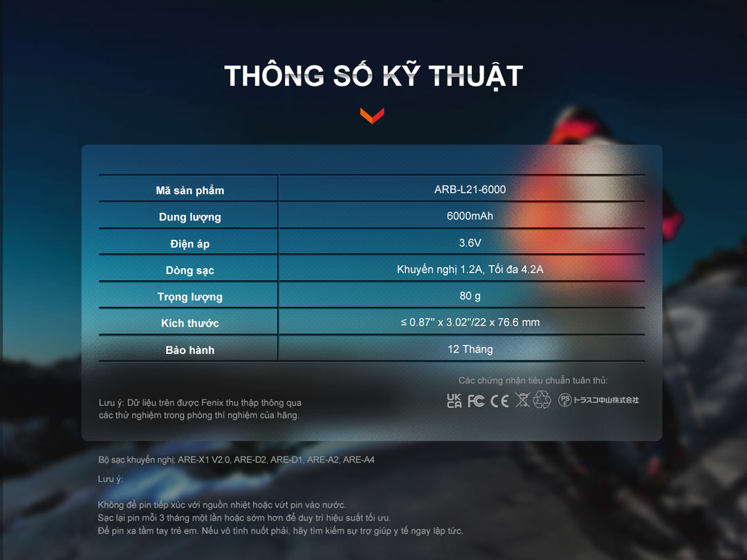 Pin sạc Li-ion 21700 Fenix ARB-L21-6000 – dung lượng cao 6000mAh