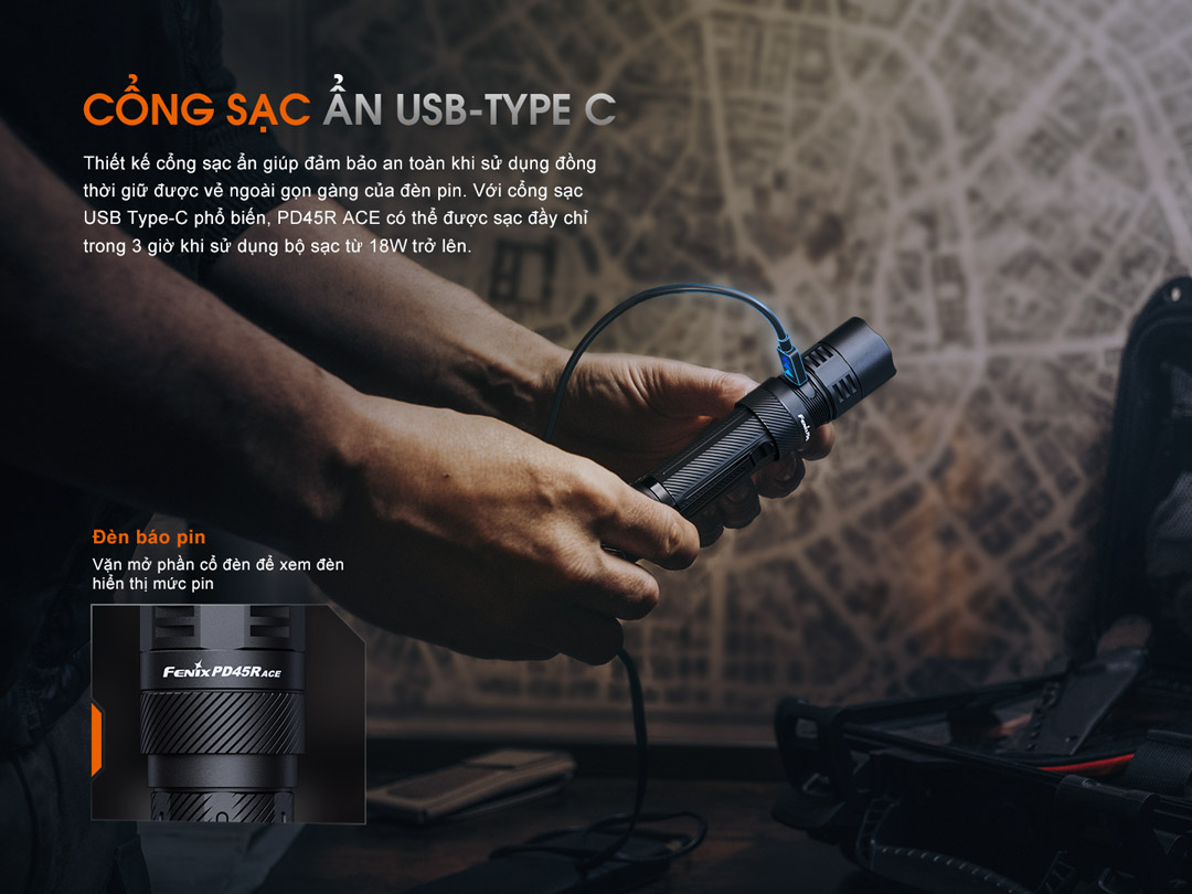Cổng sạc USB Type-C ẩn trên đèn Fenix PD45R ACE, giúp sạc nhanh và an toàn khi sử dụng ngoài trời.