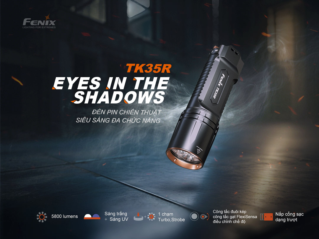 Đèn pin Fenix TK35R siêu sáng 5800 lumen, chiến thuật đa chức năng, có tia UV và Strobe, công tắc FlexiSensa