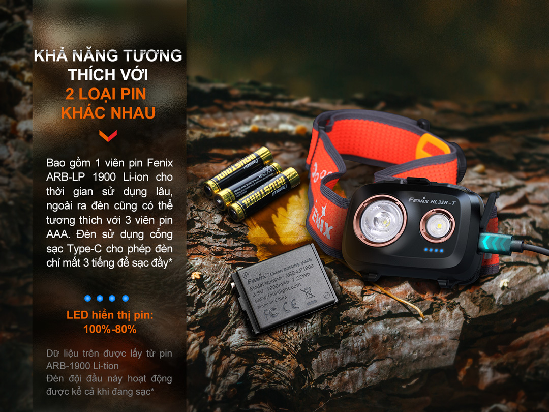 Đèn pin đội đầu FENIX HL32R-T sáng 800 lumen chiếu xa 132m sạc USB-C
