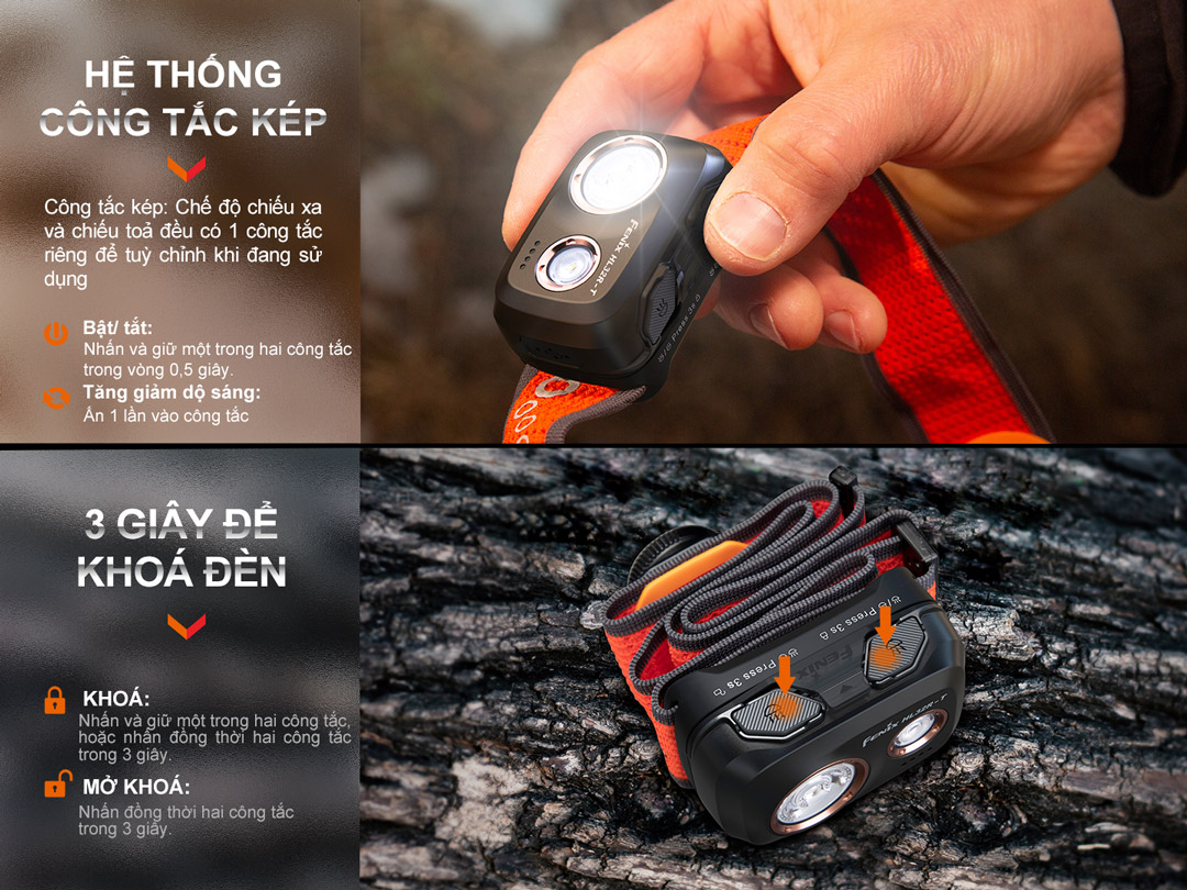 Đèn pin đội đầu FENIX HL32R-T sáng 800 lumen chiếu xa 132m sạc USB-C