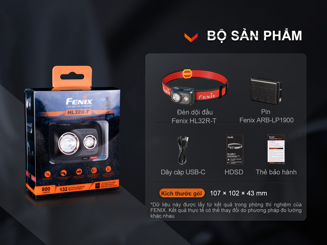Đèn pin đội đầu FENIX HL32R-T sáng 800 lumen chiếu xa 132m sạc USB-C