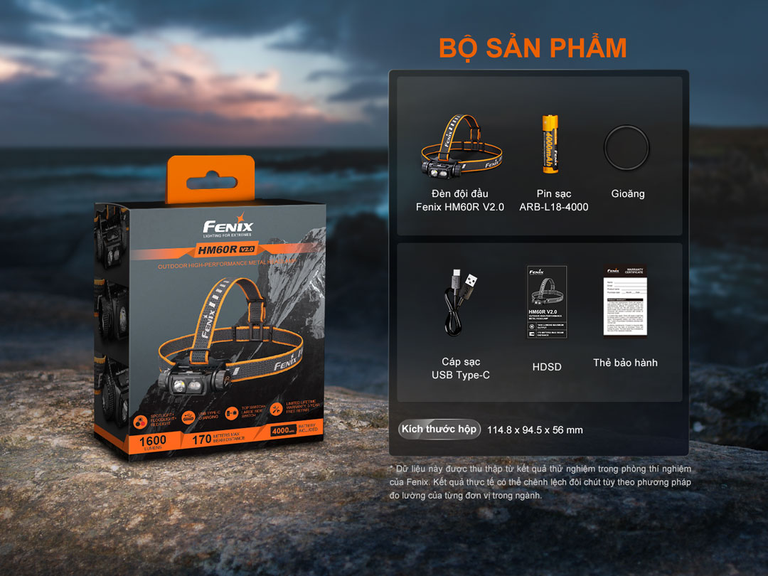 Đèn pin đội đầu Fenix HM60R V2.0 – 1600 lumens, chiếu xa 170m, pin 4000mAh, chống nước IP68