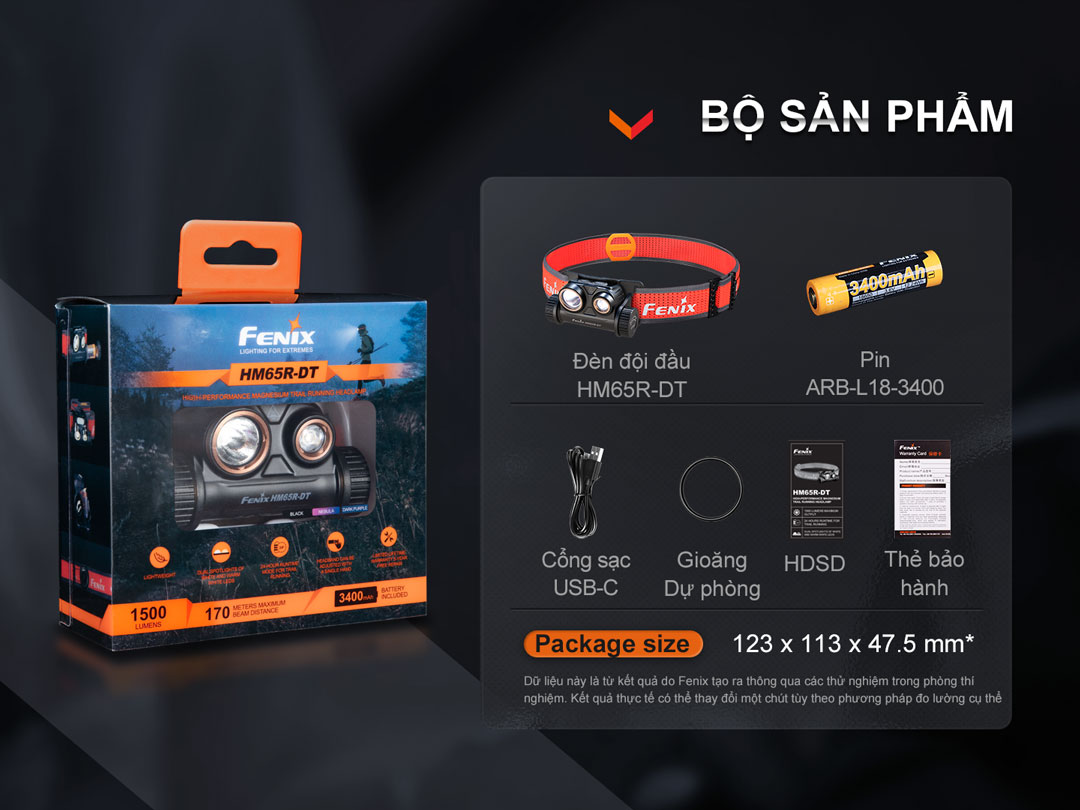 Đèn pin đội đầu FENIX HM65R-DT độ sáng 1500 lumens chiếu xa 170m hợp kim magie siêu nhẹ pin 18650 3400mAH sạc USB-C