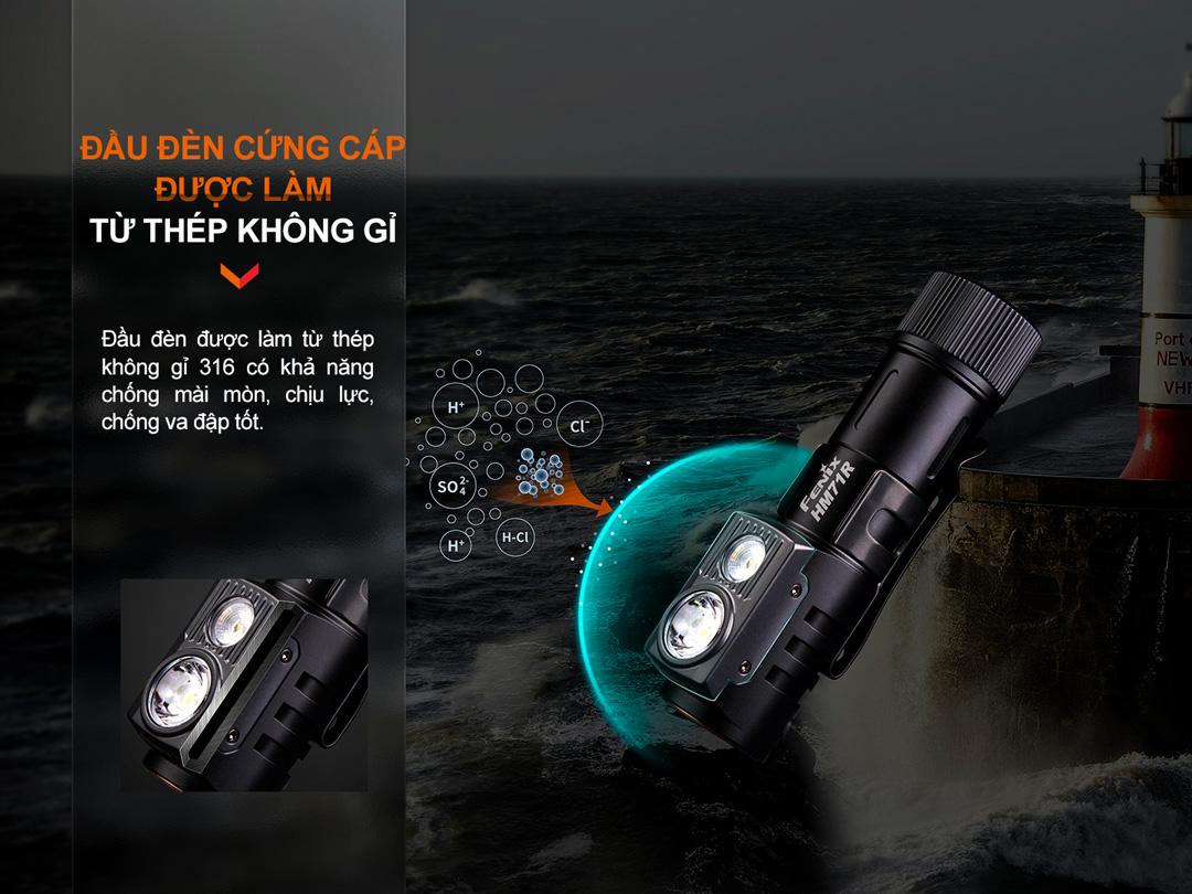 Đèn pin đội đầu FENIX HM71R có đầu đèn được làm bằng thép không gỉ