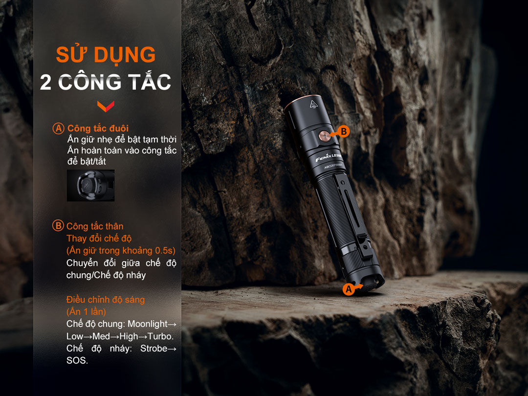 Đèn sử dụng 2 công tắc, đuôi và thân