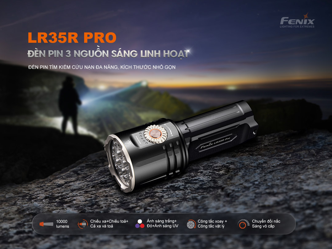 FENIX LR35R PRO – Đèn pin siêu sáng 10.000 lumen, (đỏ, UV, Strobe, SOS), 2 pin 6000mAh