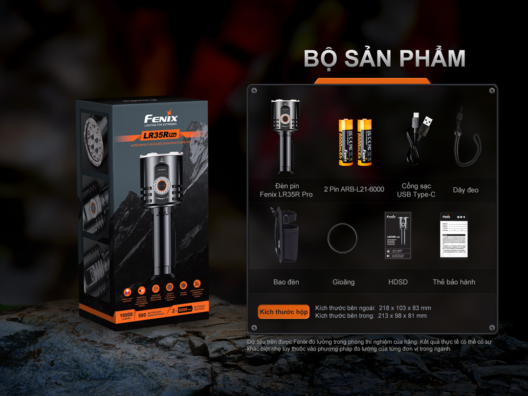 FENIX LR35R PRO – Đèn pin siêu sáng 10.000 lumen, (đỏ, UV, Strobe, SOS), 2 pin 6000mAh