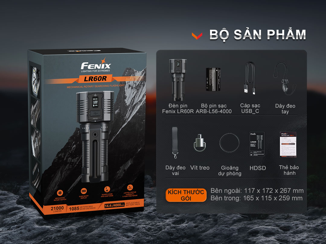 Đèn pin tìm kiếm cứu nạn FENIX LR60R sáng 21.000 lumen chiếu xa 1085m pin dung lượng 16000mAh USB-C Powerbank tích hợp cảm biến tiệm cận