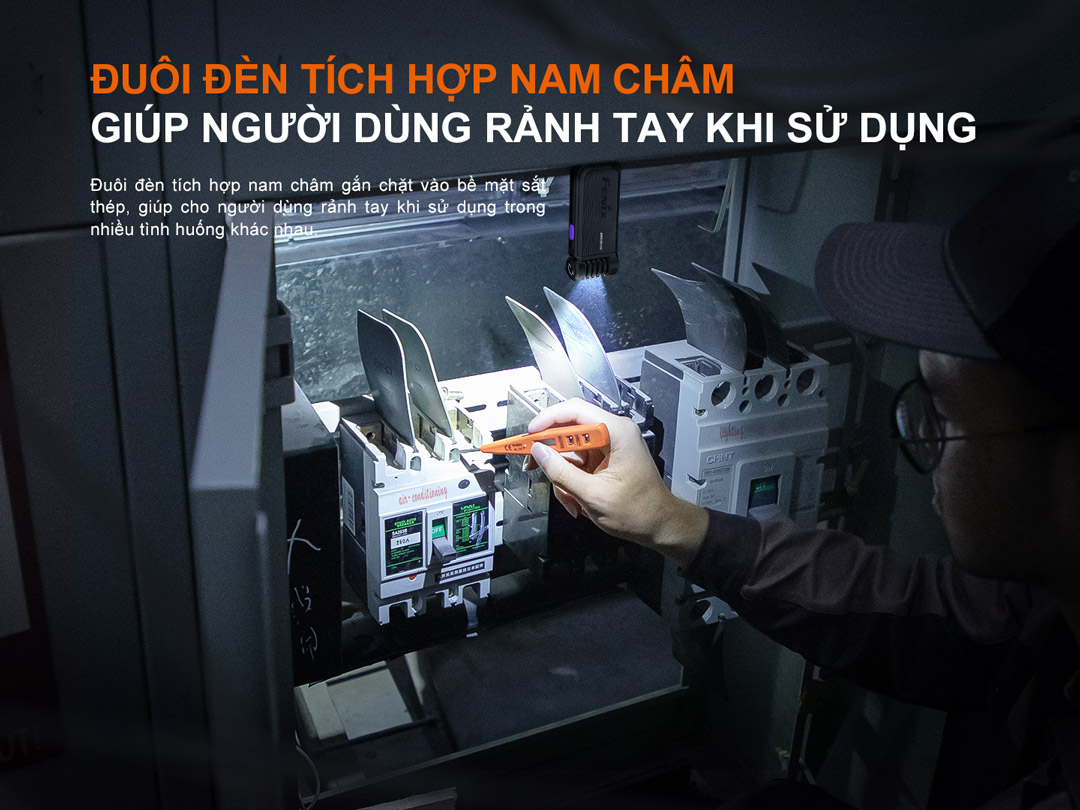 Đuôi đèn tích hợp nam châm đuôi giúp cho người dùng rảnh tay khi sử dụng