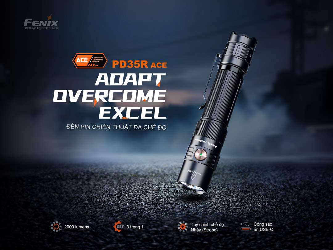 Fenix PD35R ACE – đèn pin chiến thuật đa chế độ, công suất 2000 lumen, hỗ trợ chuyển đổi 3 cấu hình sáng (SET Mode), có Strobe tùy chỉnh, sạc nhanh với cổng USB-C ẩn dưới cổ đèn. Thiết kế nhỏ gọn, bền bỉ, thích hợp cho EDC, an ninh và nhiệm vụ chuyên dụng.