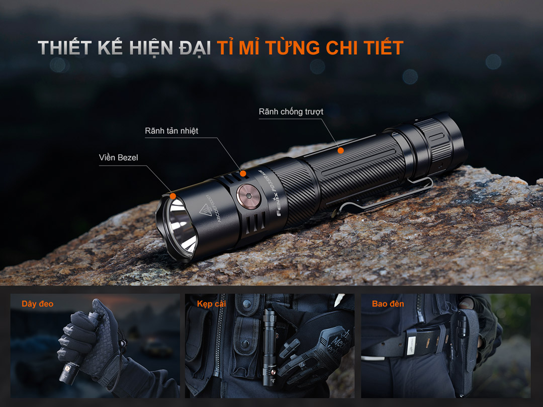 Fenix PD35R ACE với thiết kế hiện đại, tỉ mỉ từng chi tiết như viền Bezel, rãnh tản nhiệt, rãnh chống trượt, kẹp cài, dây đeo và bao đèn – tối ưu cho sử dụng thực tế.