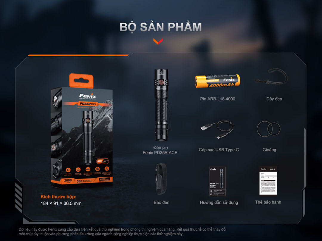 Hình ảnh đầy đủ bộ sản phẩm đèn pin Fenix PD35R ACE bao gồm: đèn pin, pin sạc ARB-L18-4000, dây đeo, cáp sạc USB-C, gioăng dự phòng, bao đèn, hướng dẫn sử dụng và thẻ bảo hành.