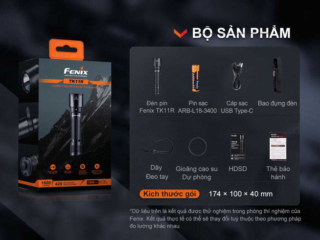 Đèn pin FENIX TK11R sáng 1600 lumen chiếu xa 420m pin sạc 18650 USB-C công tắc đuôi kép phản ứng nhanh
