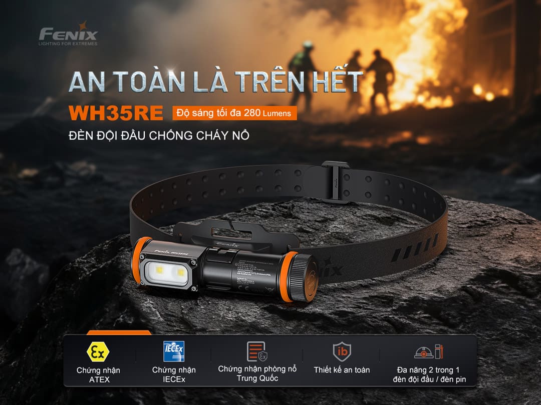 Sản phẩm Fenix WH35RE, nhấn mạnh các chứng nhận ATEX, IECEx, chứng nhận phòng nổ Trung Quốc, thiết kế an toàn và khả năng dùng như đèn đội đầu hoặc đèn pin cầm tay.