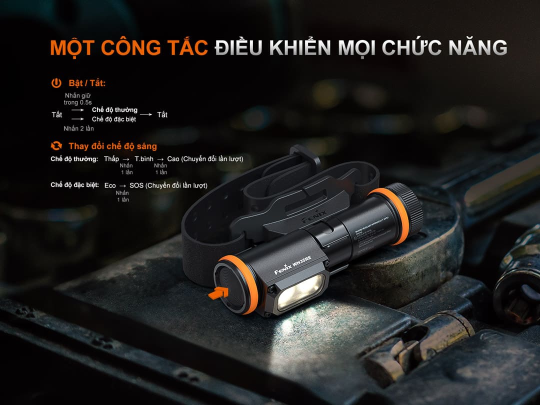 hướng dẫn bật tắt và chuyển đổi các chế độ sáng thường, chế độ đặc biệt Eco và SOS chỉ với một công tắc duy nhất.